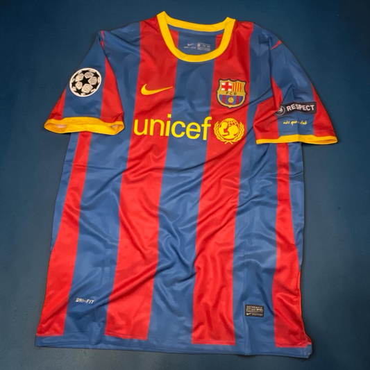 Blessed Jerseys FC Barcelona Iniesta soccer jersey, blue and red striped, yellow collar and cuffs, Unicef sponsor