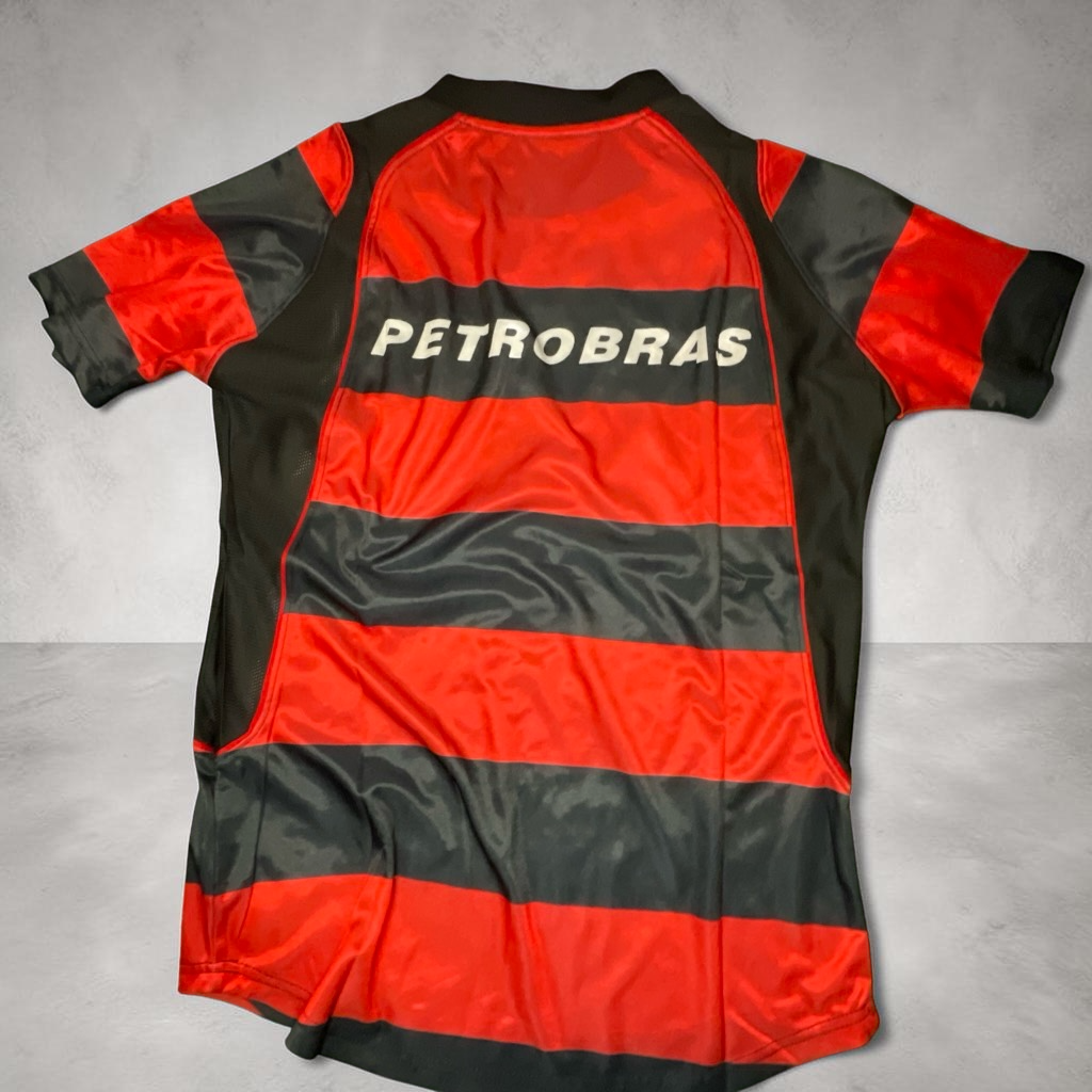 Blessed Jerseys Flamengo football jersey with red and black horizontal stripes and PETROBRAS sponsor logo on back.