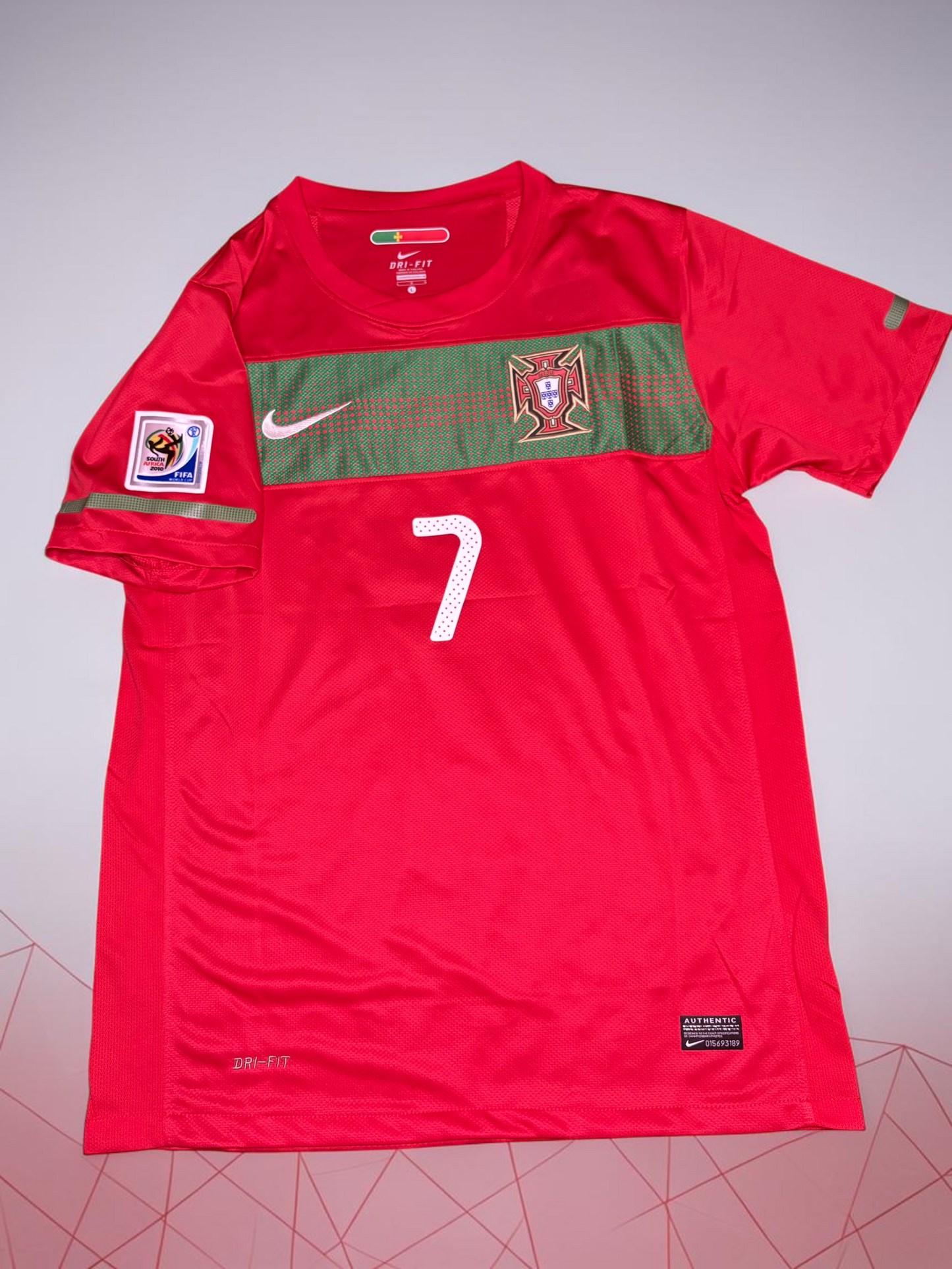 Blessed Jerseys Portugal National Team 2010 Soccer Jersey with Cristiano Ronaldo #7 in red polyester with FIFA World Cup patch.